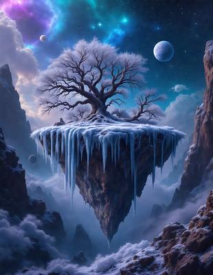 Primary subject: A tree with a snowy base and icicles hanging from it.

Setting/background: A snowy landscape with a mountain in the background.

Visual style: Digital art.

Colors and mood: The image is predominantly blue and white, giving it a cold and serene atmosphere.